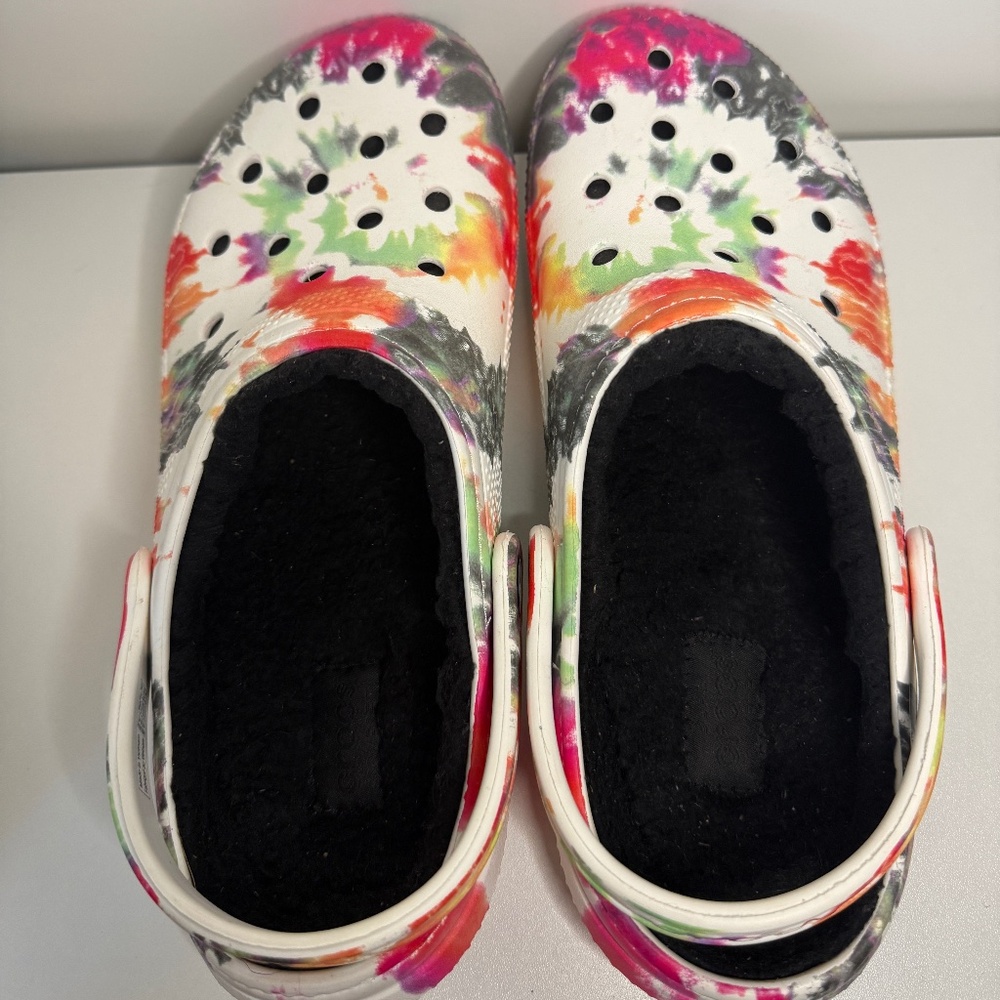 Crocs Classic Lined Tie Dye Clogs White Multicolor Men’s 9 Women’s 11 Fuzzy